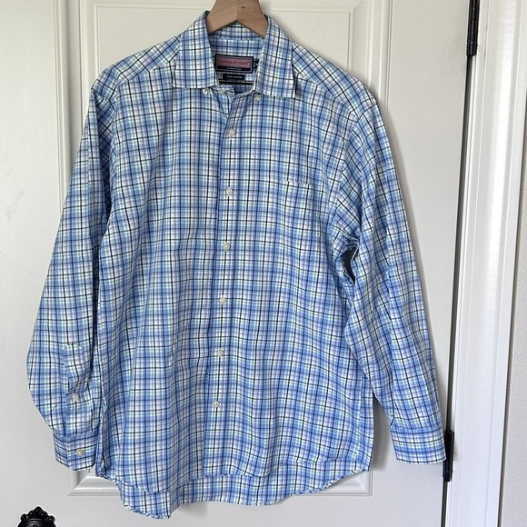 NEW Vineyard Vines Men's Medium Blue White Plaid Cotton Dress Long Sleeve Shirt - Picture 2 of 4